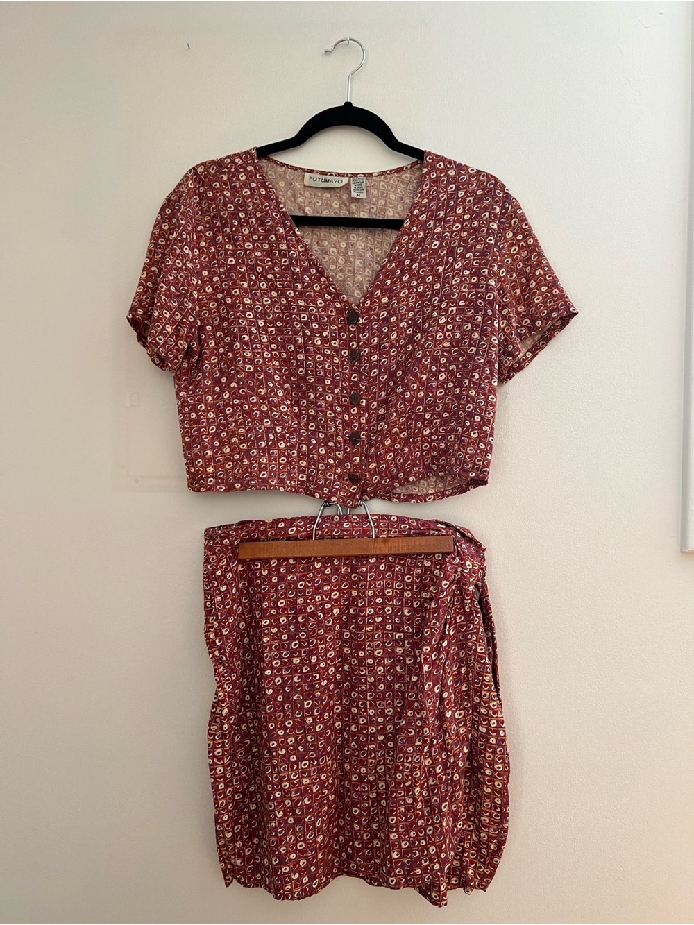 Rust Floral Two-Piece Skirt Set - Button Front Crop Top & Skirt